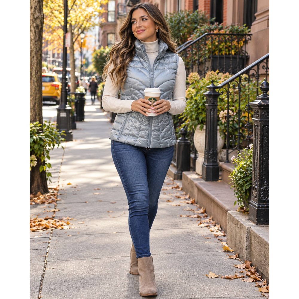 Bernardo Women's Metallic Silver Gray Down PrimaLoft Puffer Vest Quilted Zip SM